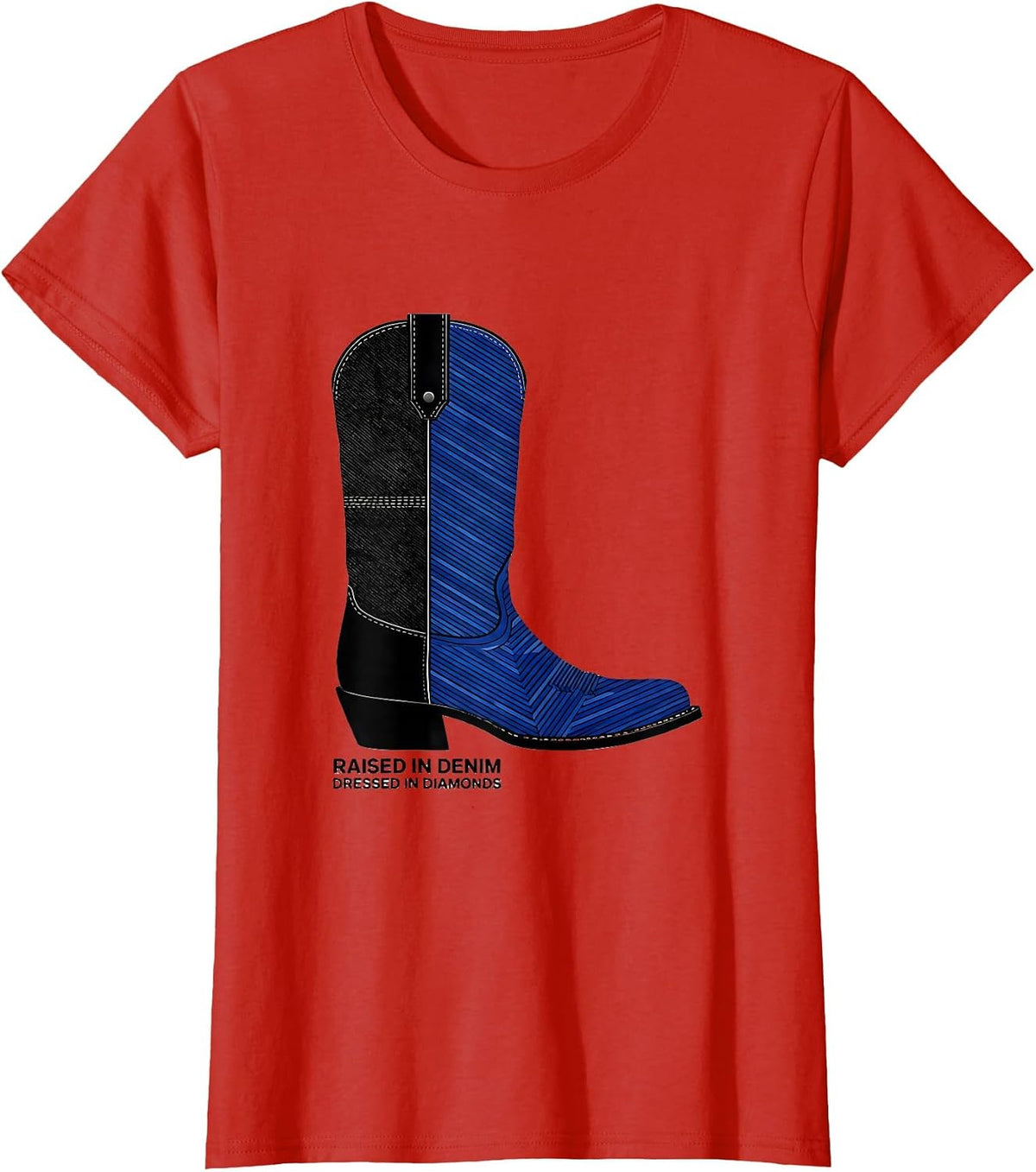 Raised In Denim Dressed In Diamonds Western Cowgirl Glam T-Shirt - Red