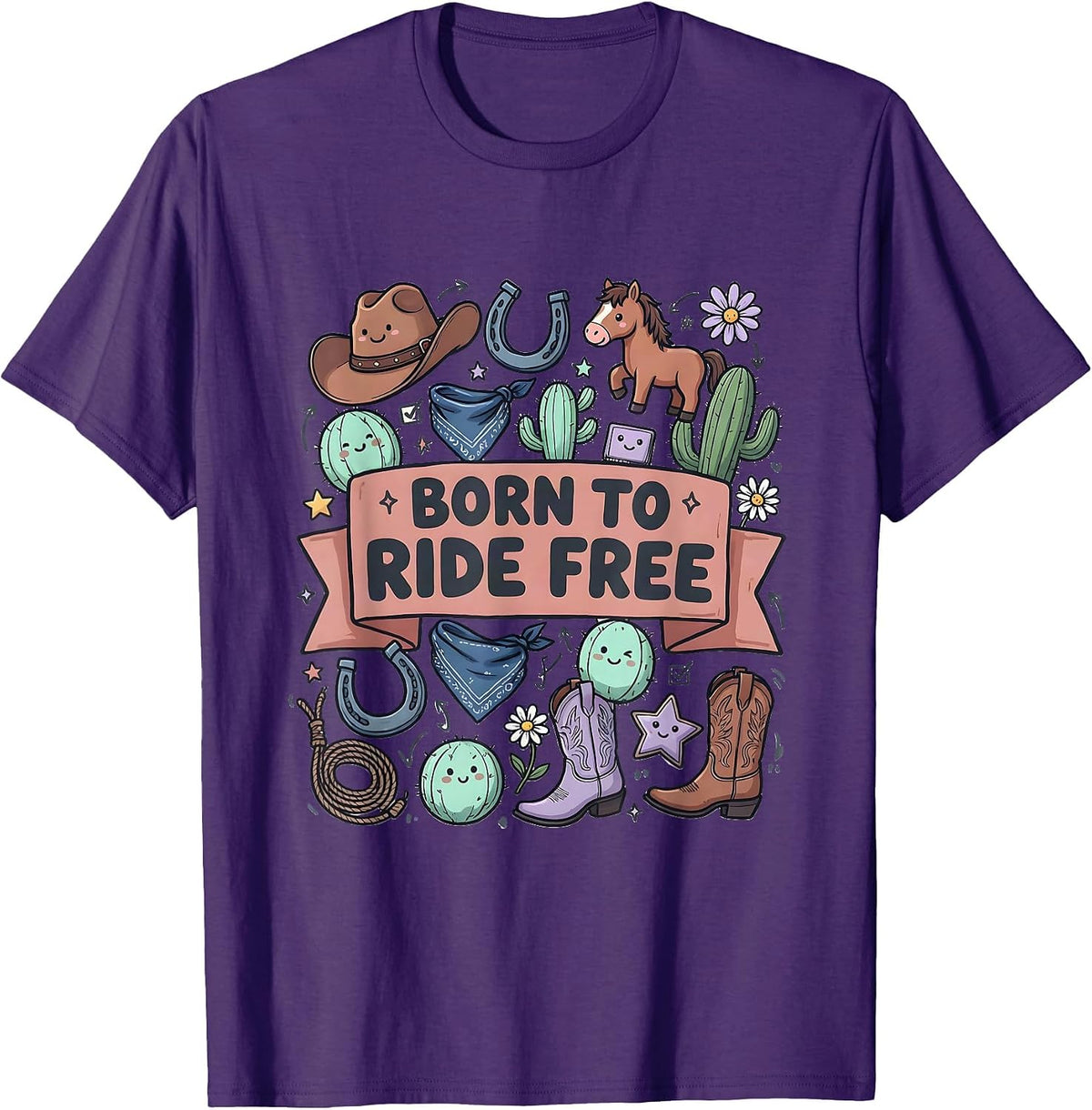Born to Ride Free Denim Cowgirl Design T-Shirt - Purple