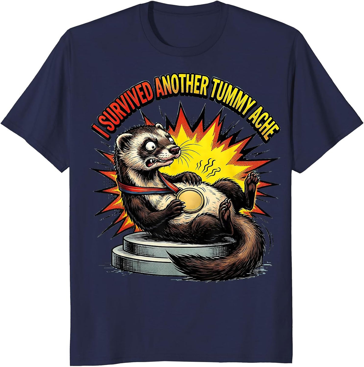 Men's I Survived Another Tummy Ache Funny Ferret Meme Humor T-Shirt - Navy Blue