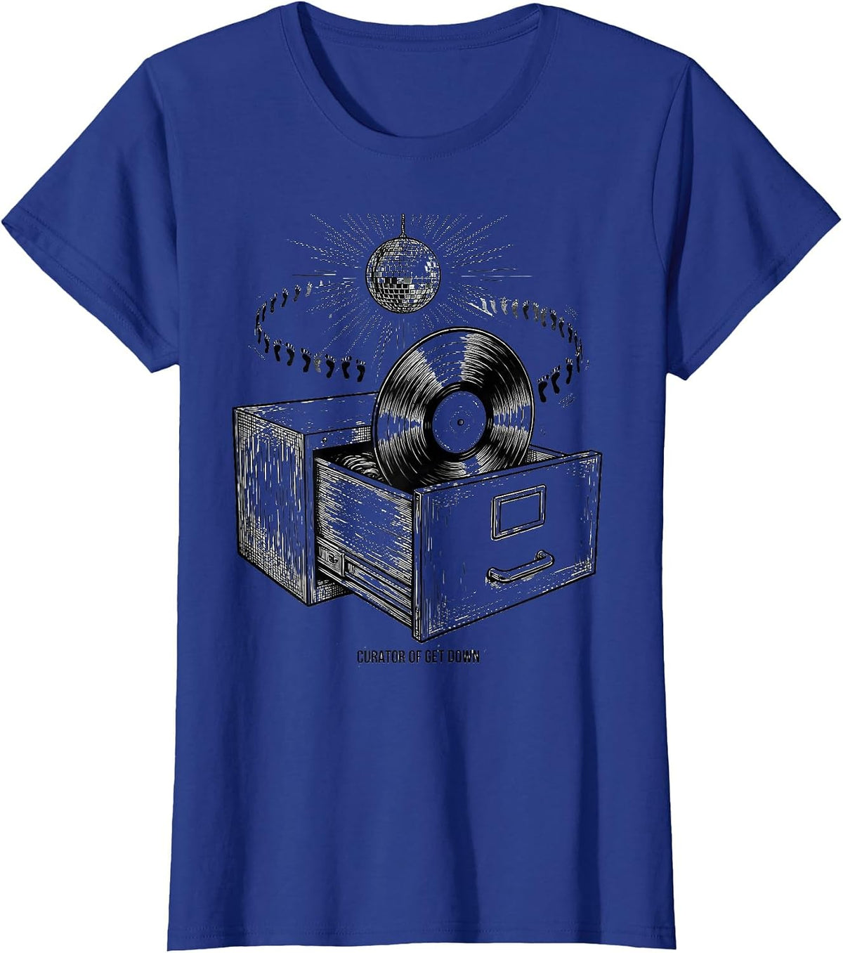 Women's Curator of Get Down Retro 70s Disco Party Humor T-Shirt - Royal Blue