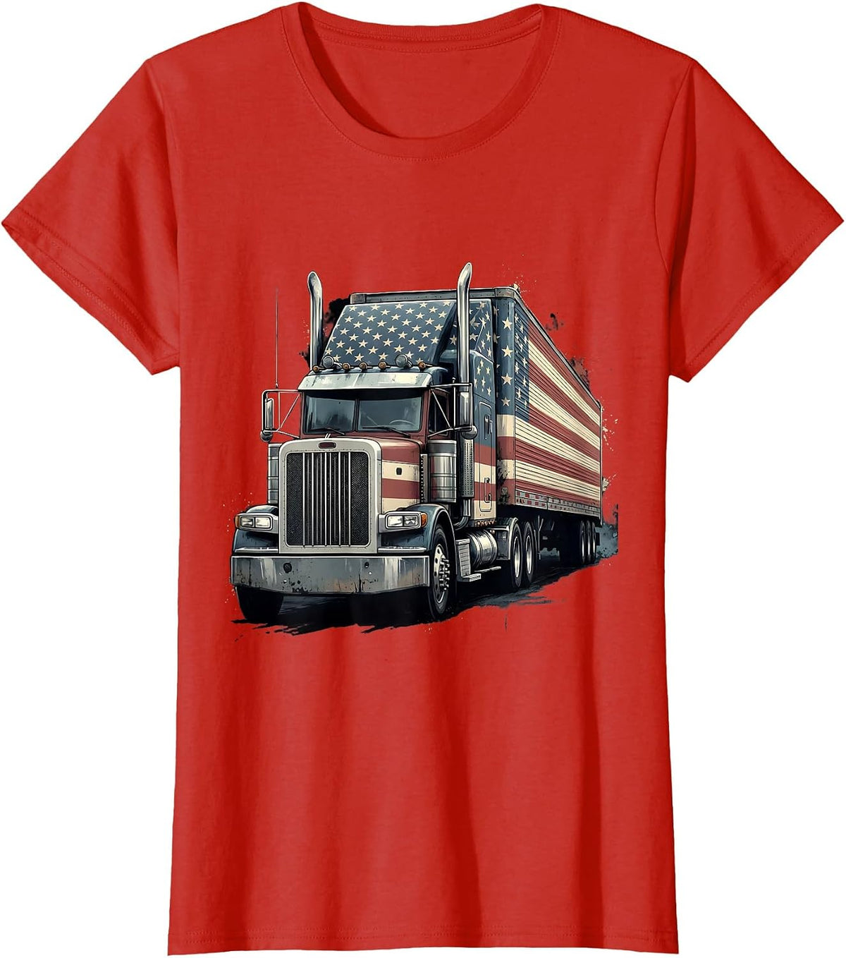 Broadside Semi-Trailer Patriotic American Flag Trucker T-Shirt - Red