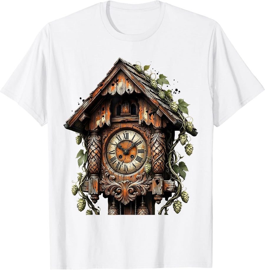 Men's Oktoberfest Cuckoo Clock Hop Vines Illustration T-Shirt - White