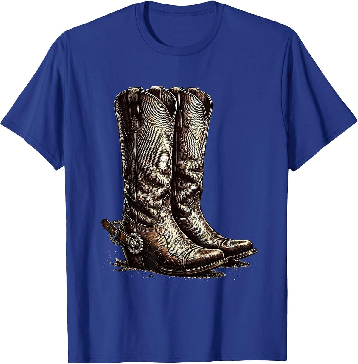 Worn Cowboy Boots With Spurs Dusty Western Art T-Shirt - Royal Blue