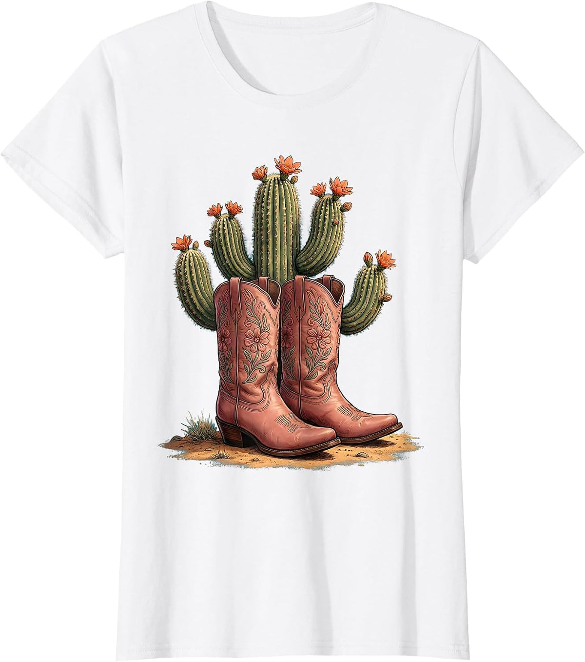 Women's Pink Cowgirl Boots and Cactus Western Graphic T-Shirt - White