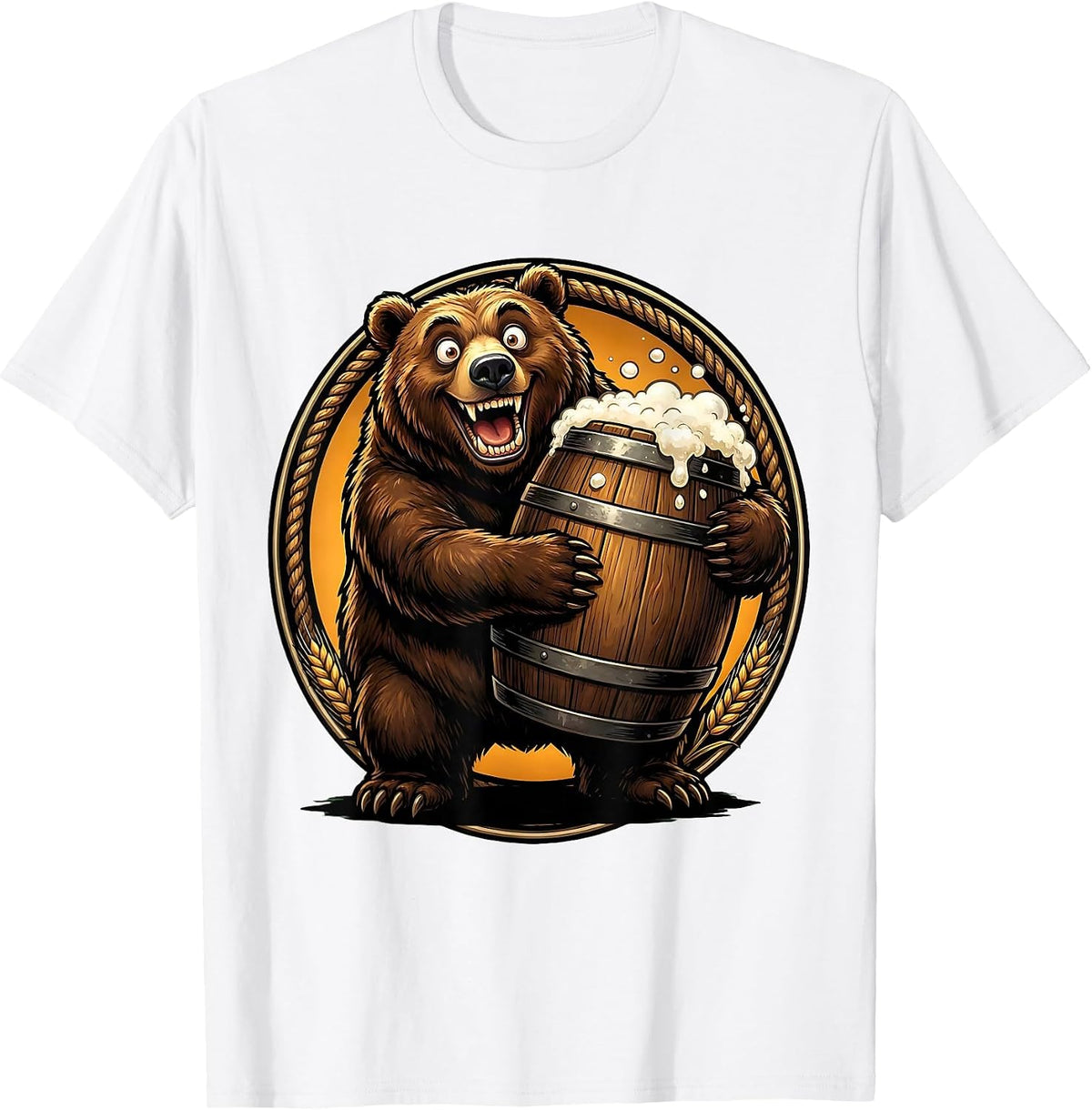 Men's Bear Hugging Giant Ale Barrel Drinking Design T-Shirt - White
