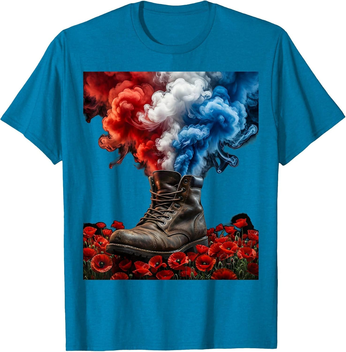 Soldier's Boot and Poppies Patriotic Memorial Art T-Shirt - Sapphire Blue