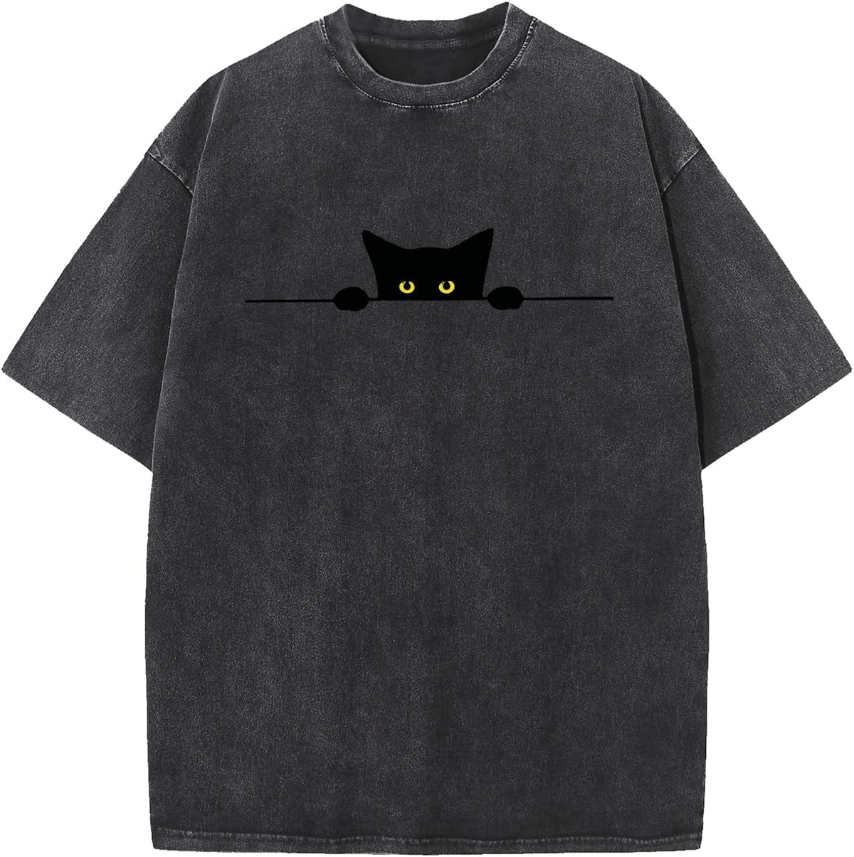 Ultra-Soft Unisex Cotton T-Shirt Playful Black Cat Peeking Graphic Garment Washed Premium Tee with Fashion Fit - Black