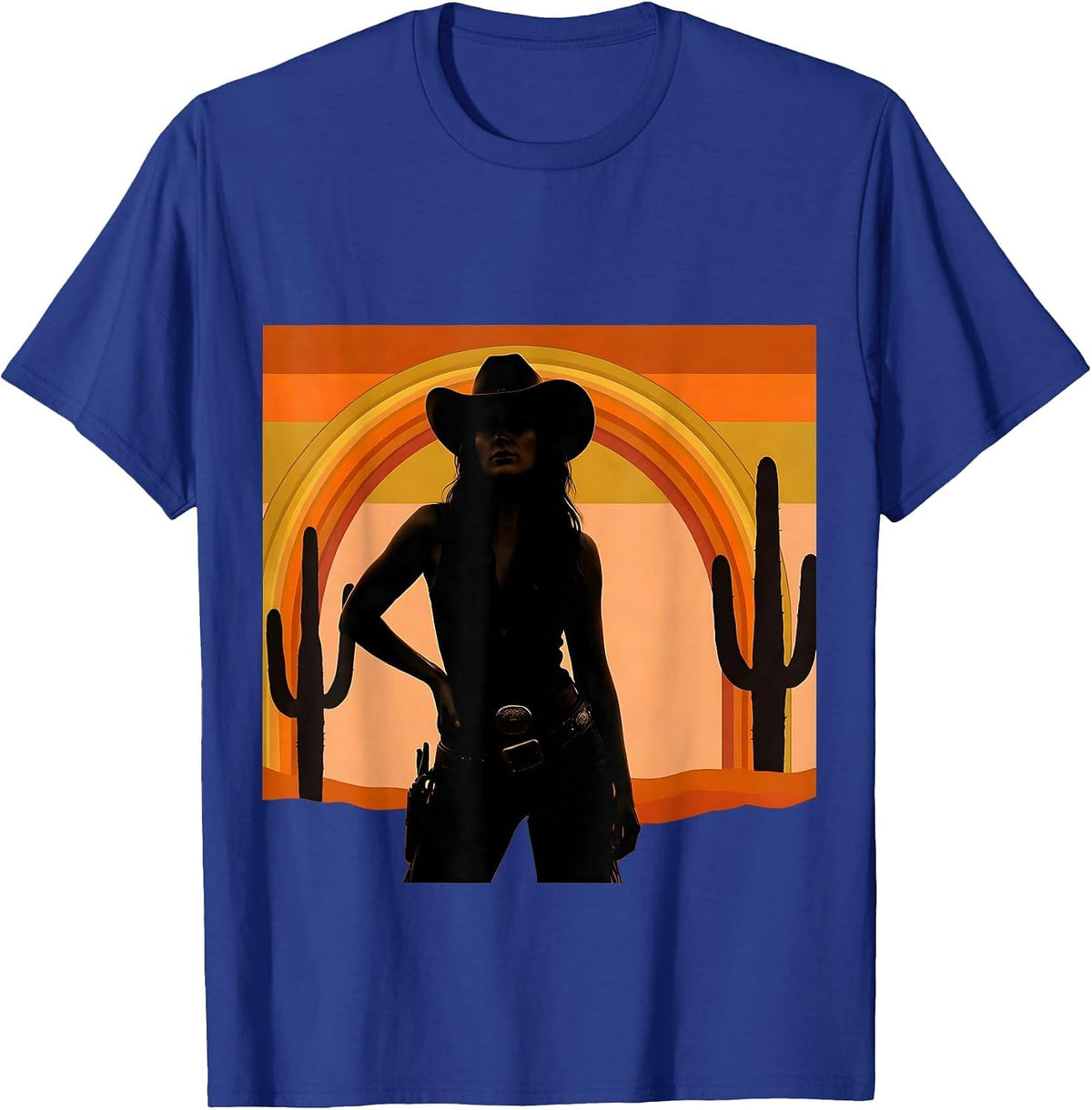 Cowgirl Silhouette Desert Sunset Graphic Tee T-Shirt - Royal Blue