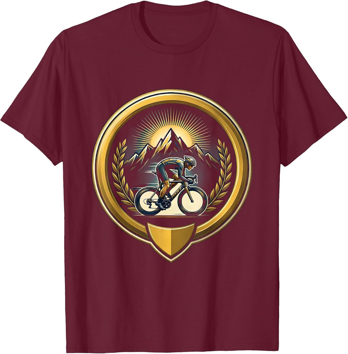 Cyclist Racing Through Summer Mountain Pass T-Shirt - Burgundy