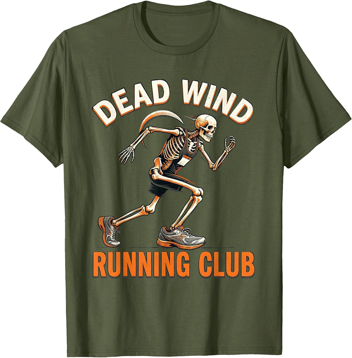 Dead Wind Running Club Funny Halloween Skeleton Runner T-Shirt - Olive Green