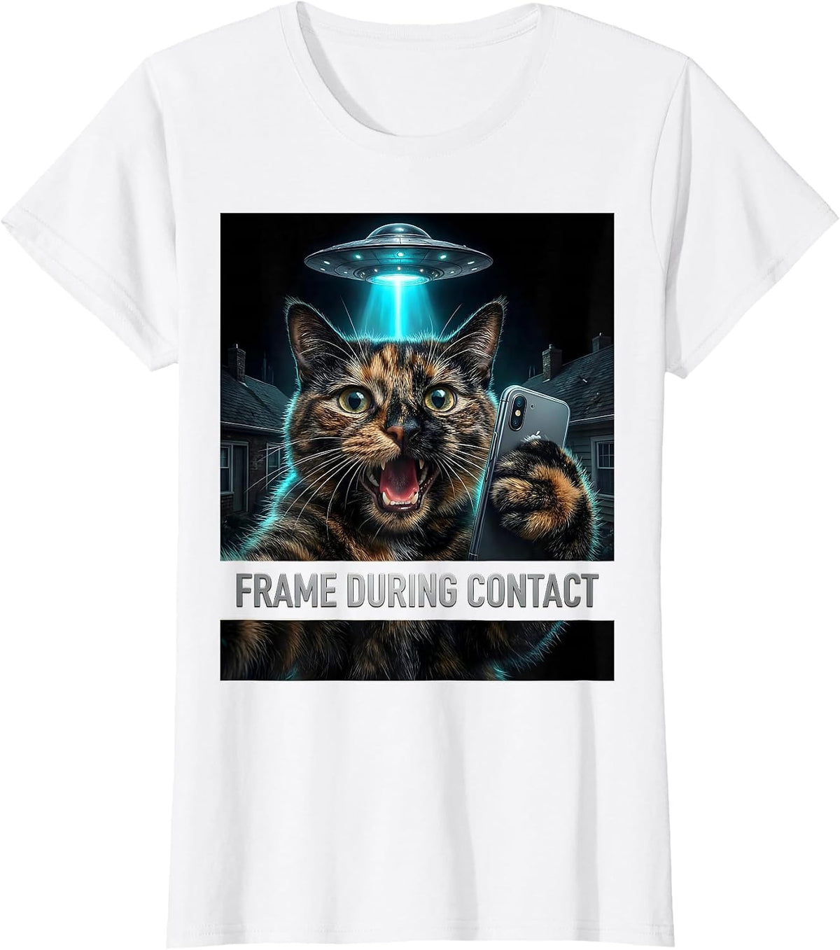 Frame During Contact Hyperreal Cat UFO Selfie Humor T-Shirt - White