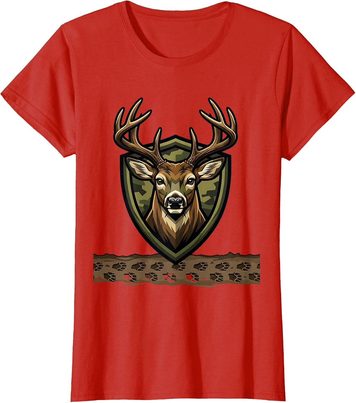 Women's Deer Tracks Camo Muddy Ground Hunting Design T-Shirt - Red