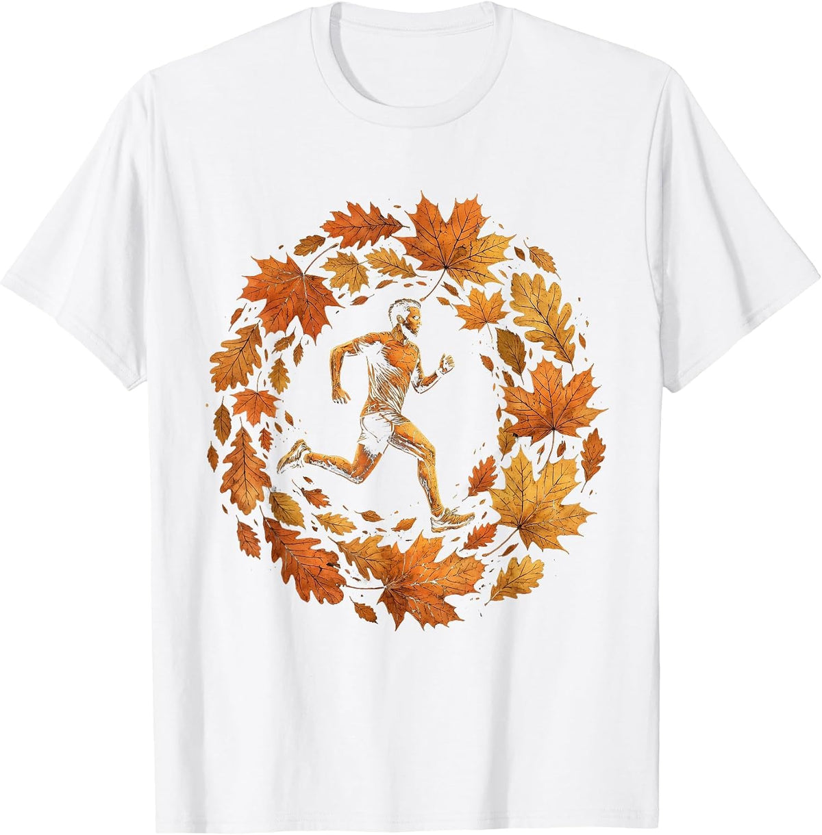 Men's Runner Silhouette Falling Autumn Leaves Design T-Shirt - White