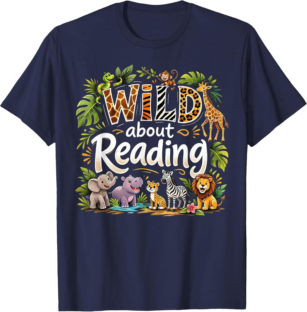 Wild About Reading Animal Reader Lover Librarian Bookworm T-Shirt - Navy Blue