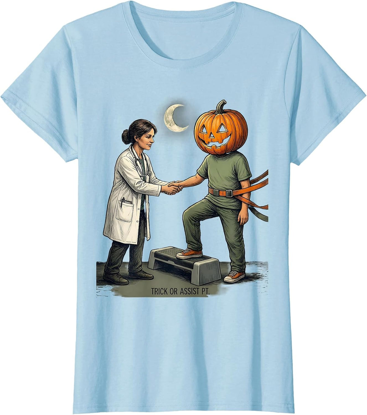 Trick Or Assist PT Funny Physical Therapist Halloween T-Shirt - Baby Blue