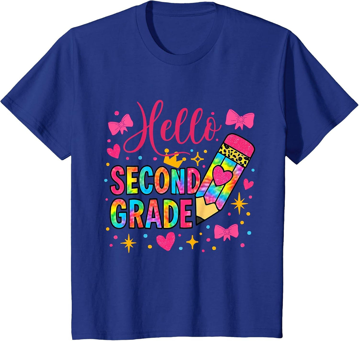 Hello Second Grade Colorful Pencil Tie Dye Back to School T-Shirt - Royal Blue