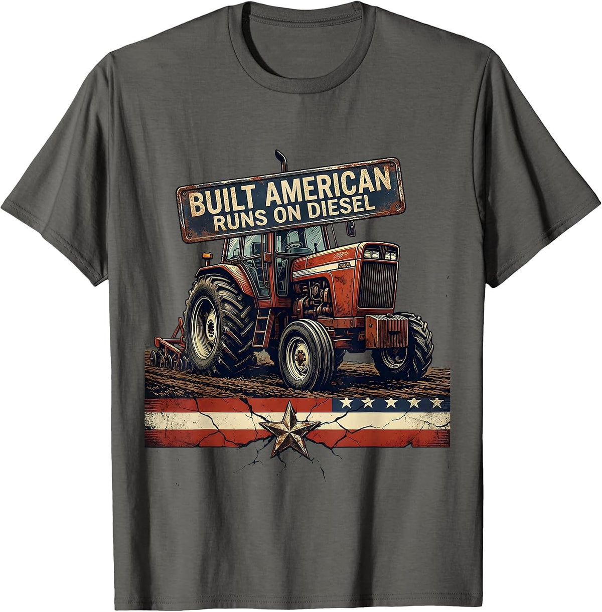 Men's Built American, Runs On Diesel Distressed Farmer Tractor T-Shirt - Asphalt Grey
