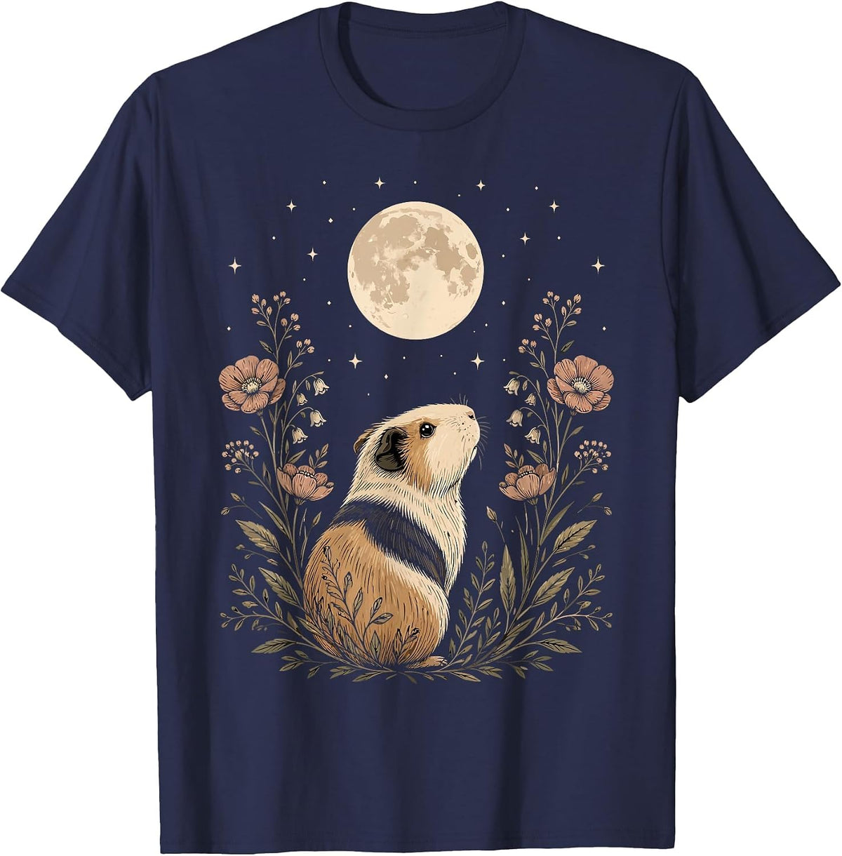 Floral Guinea Pig Moon Celestial Night Animal Lover T-Shirt - Navy Blue