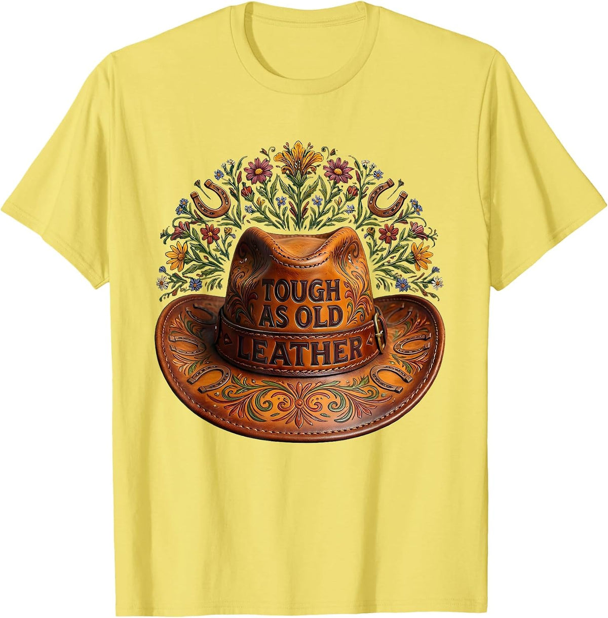 Men's Tough as Old Leather Cowboy Western Design T-Shirt - Lemon Yellow