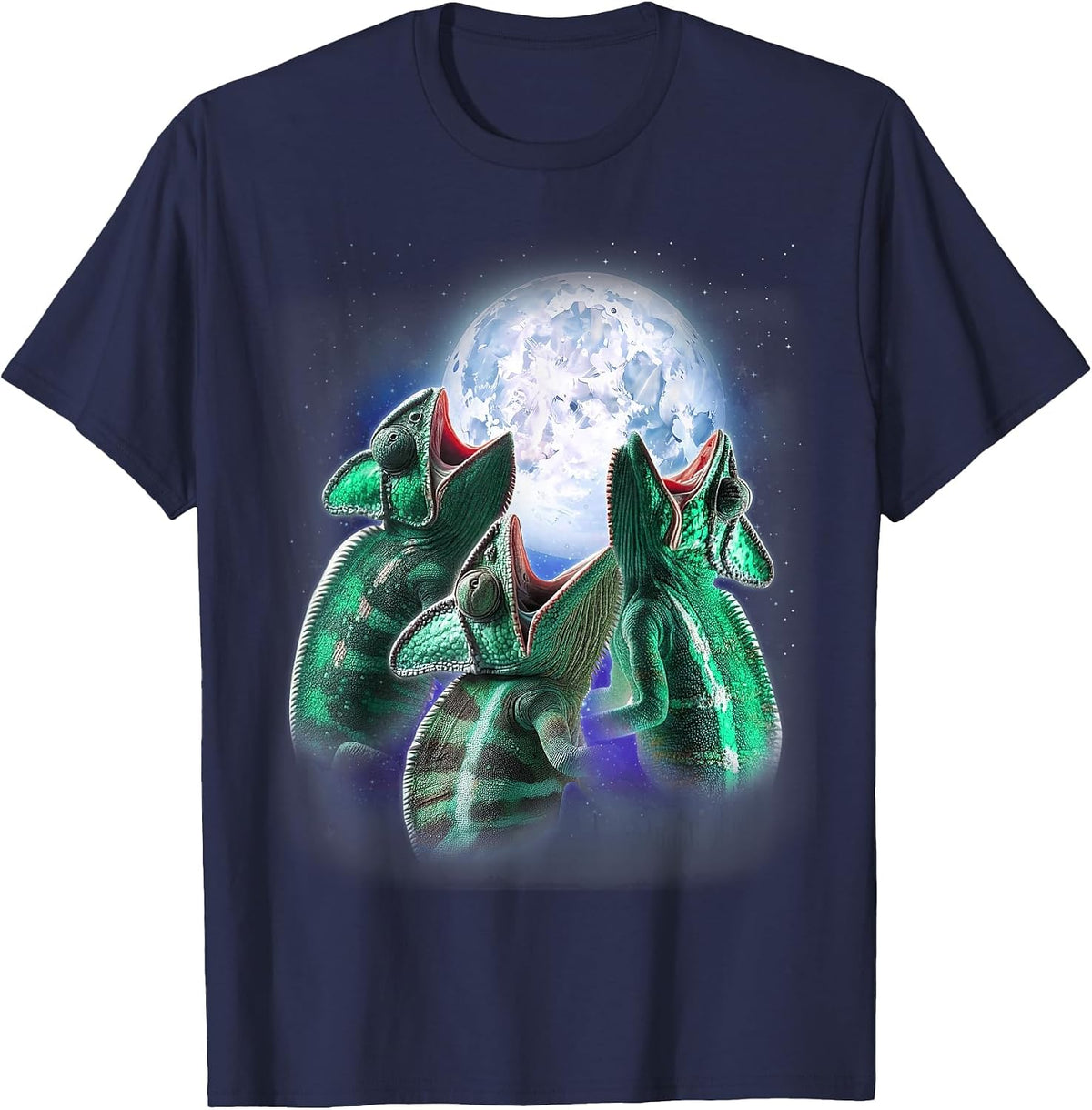 3 Chameleon Howling At The Moon Shirt Funny Pet Lizard Lover T-Shirt - Navy Blue