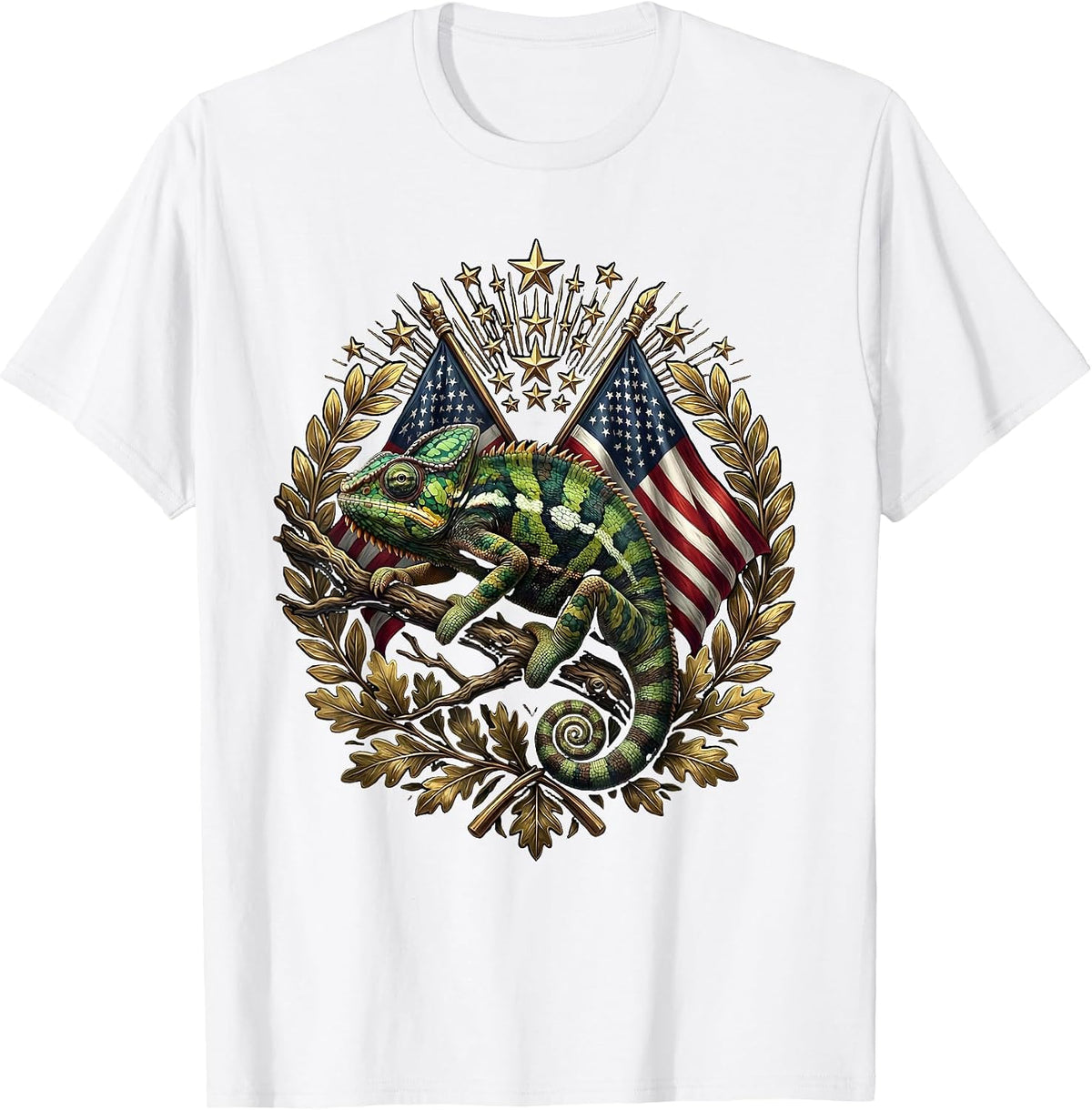 Men's Chameleon Camouflage Leafy Branch Illustration T-Shirt - White