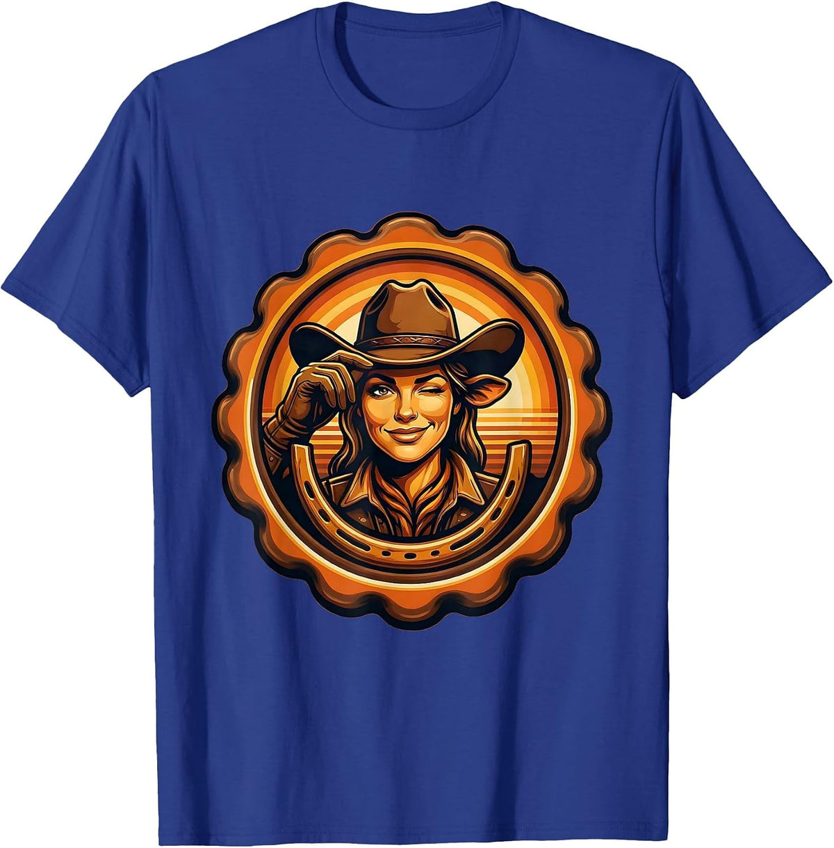 Cowgirl Tipping Hat Winking Western Graphic T-Shirt - Royal Blue