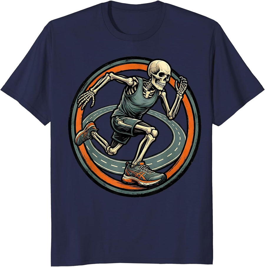 Skeleton Runner Badge Halloween Running Club Humor T-Shirt - Navy Blue