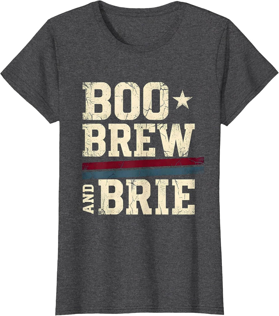 Women's Boo Brew and Brie Halloween Wine Cheese Design T-Shirt - Dark Heather Grey