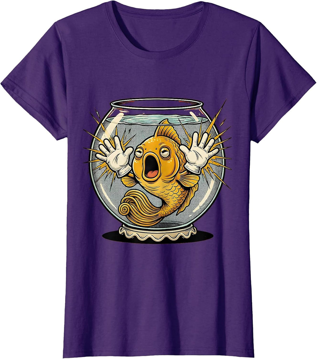 Women's Goldfish Staring Out of a Cracked Fishbowl T-Shirt - Purple