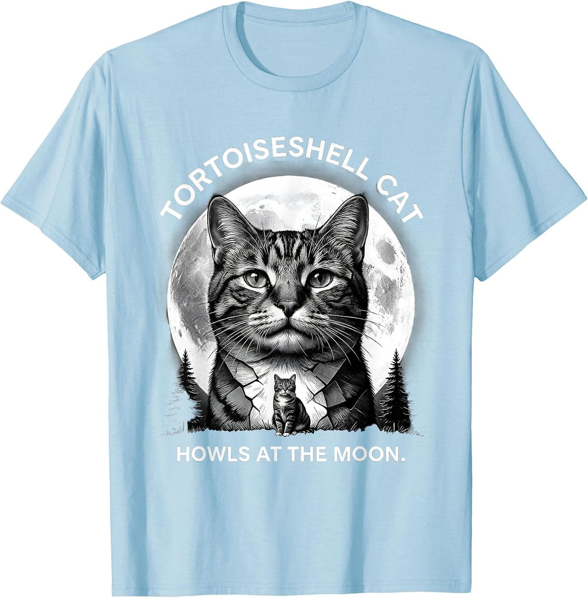Men's Tortoiseshell Cat Howls at the Moon 90s Retro Novelty T-Shirt - Baby Blue