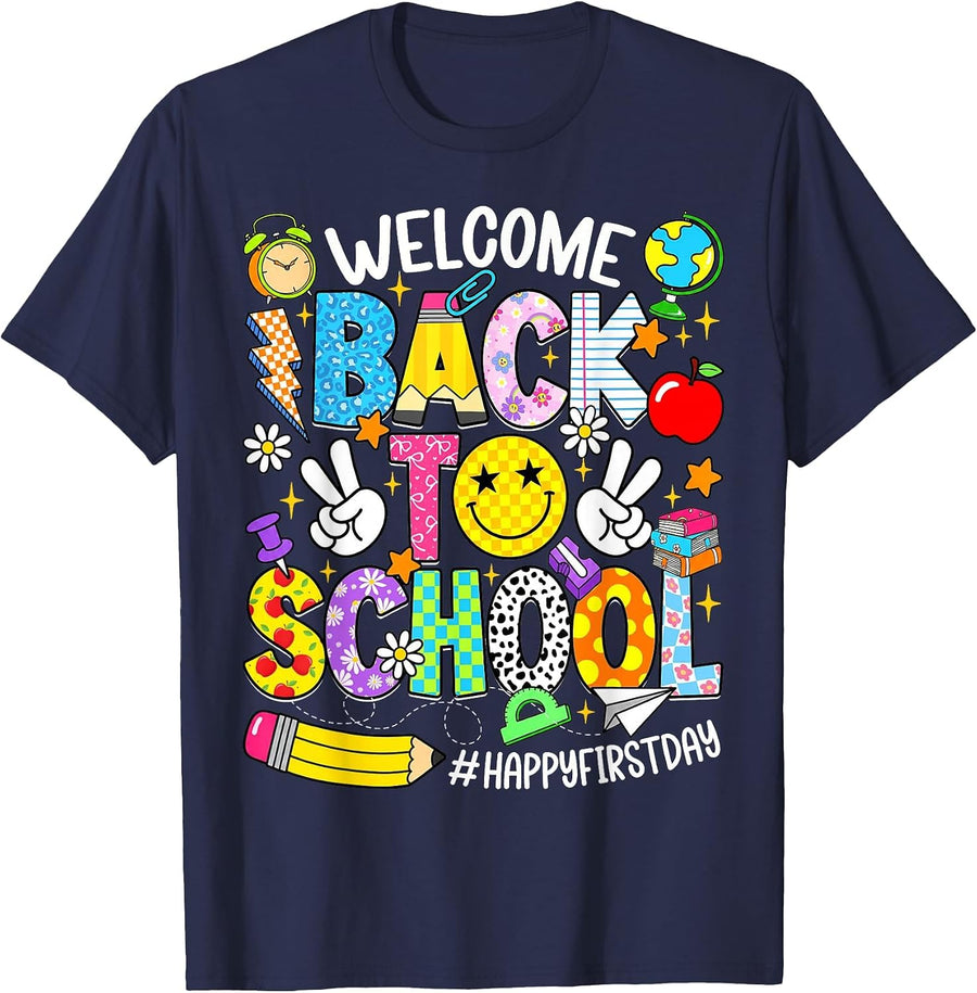 Welcome Back to School Happy First Day of School Teacher Kid T-Shirt - Navy Blue