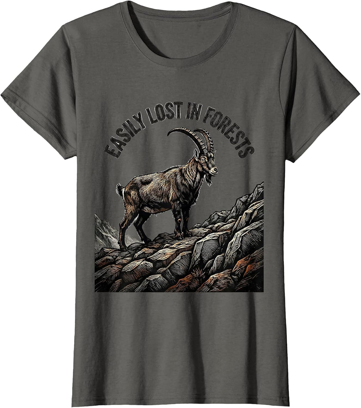 Women's Easily Lost In Forests Woodcut Engraving Forest Wildlife T-Shirt - Asphalt Grey
