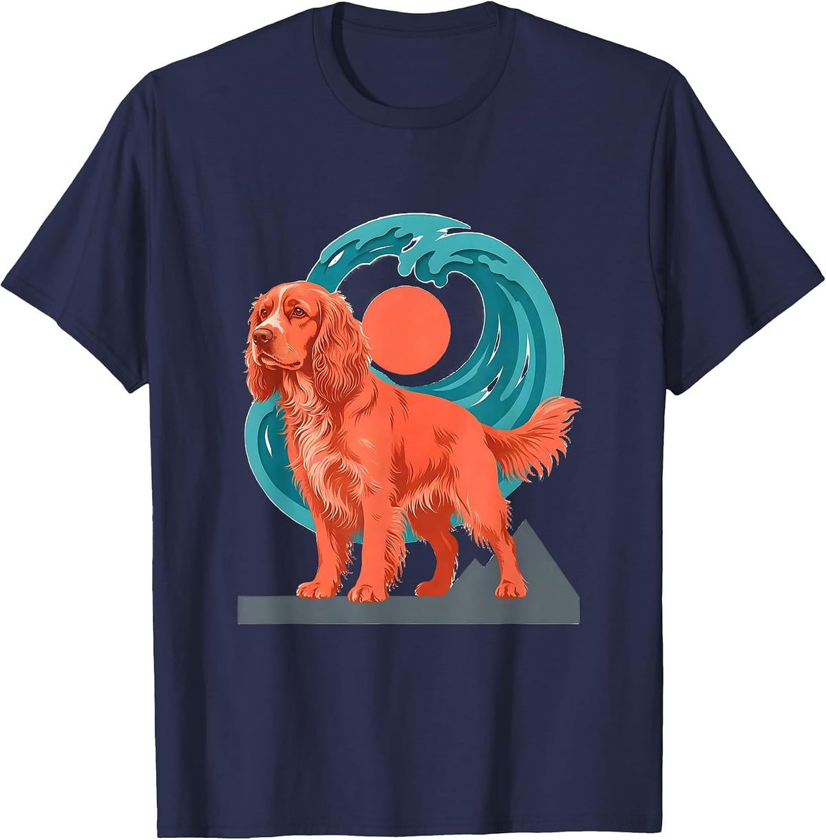 Teal Wave Surfing English Springer Spaniel Flat Vector Dog T-Shirt - Navy Blue