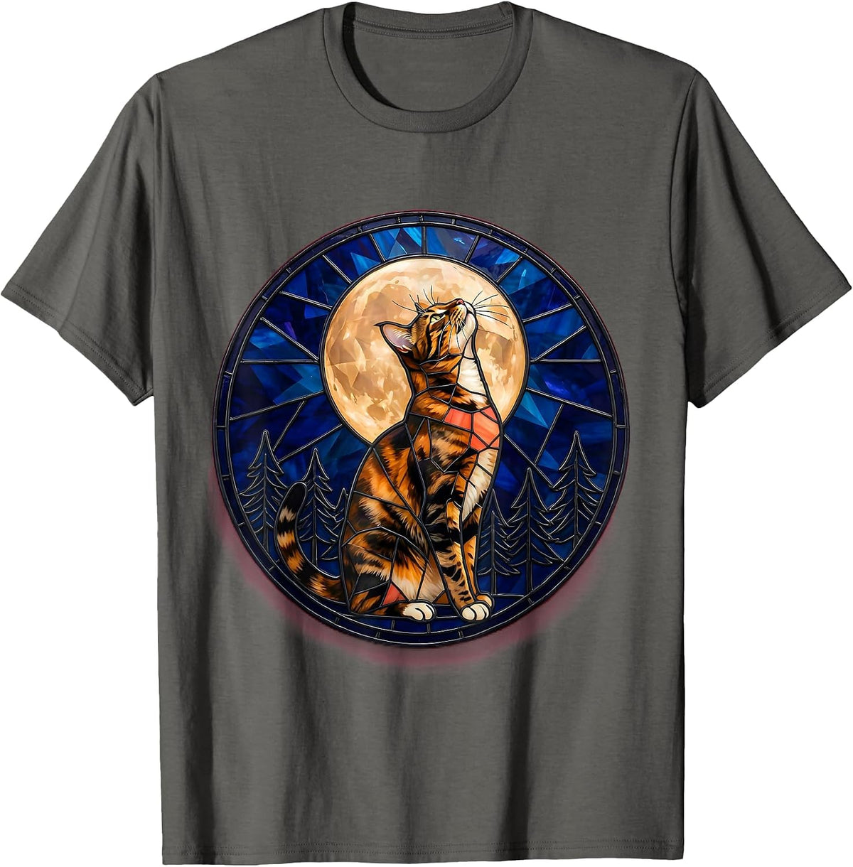 Tortoiseshell Cat Howling at Moon Stained Glass Mosaic 90s T-Shirt - Asphalt Grey