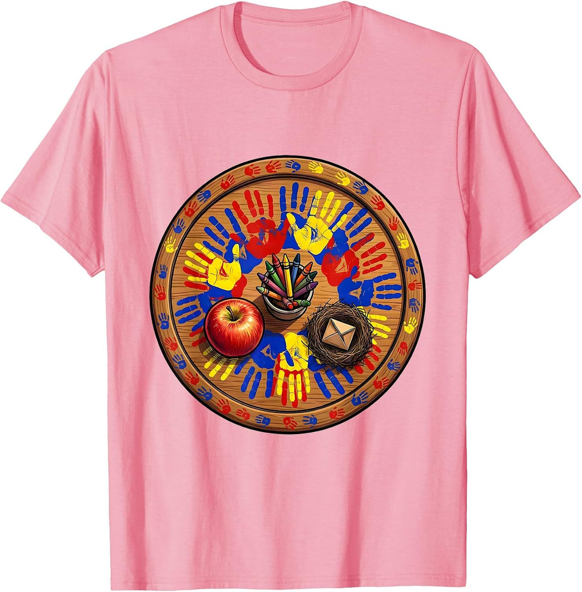 Men's 2nd Grade Teacher Handprint Art Desk Design T-Shirt - Pink