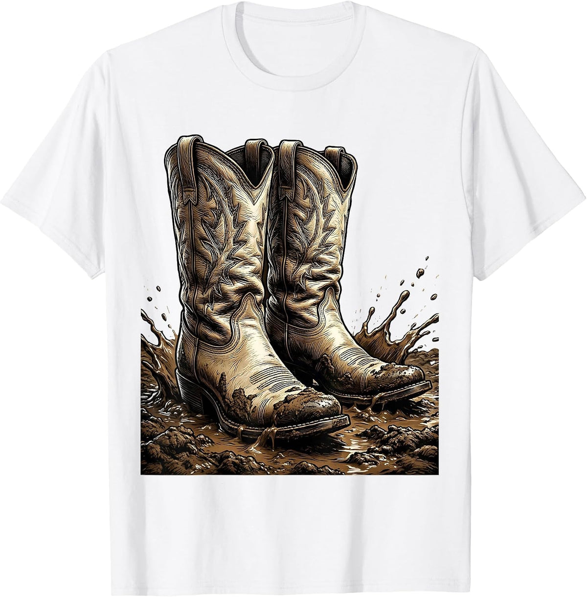 Men's Cowboy Boots in the Mud Western Graphic T-Shirt - White