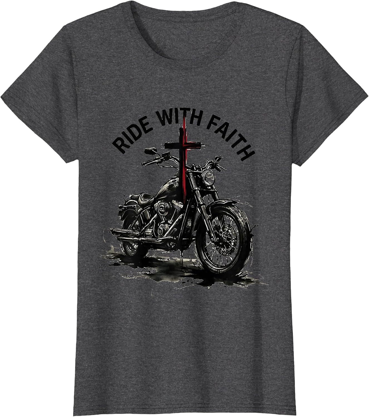 Women's Ride With Faith Motorcycle Cross Religious Design T-Shirt - Dark Heather Grey