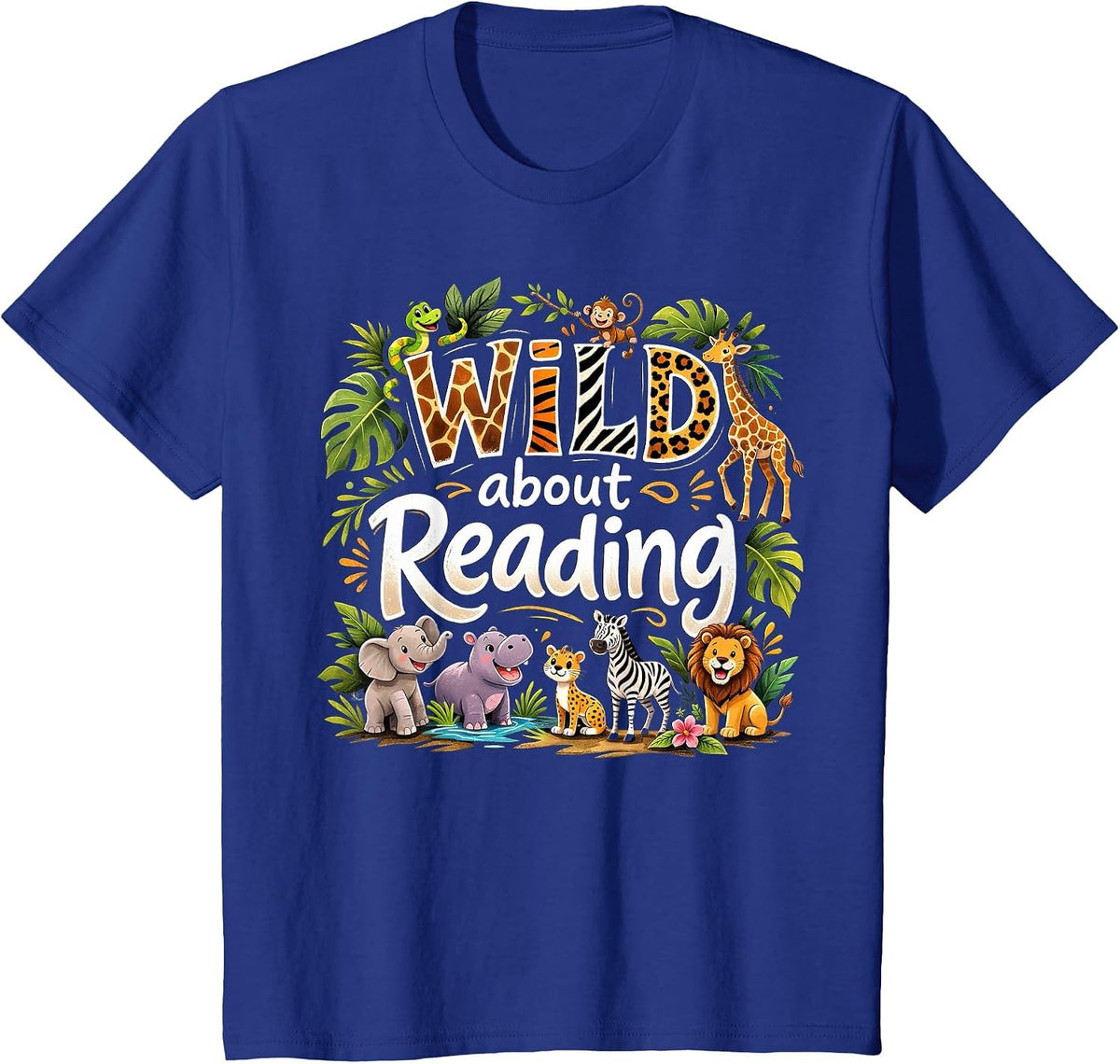 Wild About Reading Animal Reader Lover Librarian Bookworm T-Shirt - Royal Blue