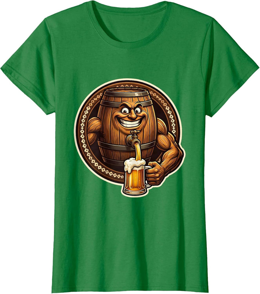 Women's Oktoberfest Beer Barrel Tap Pouring Golden Beer T-Shirt - Kelly Green