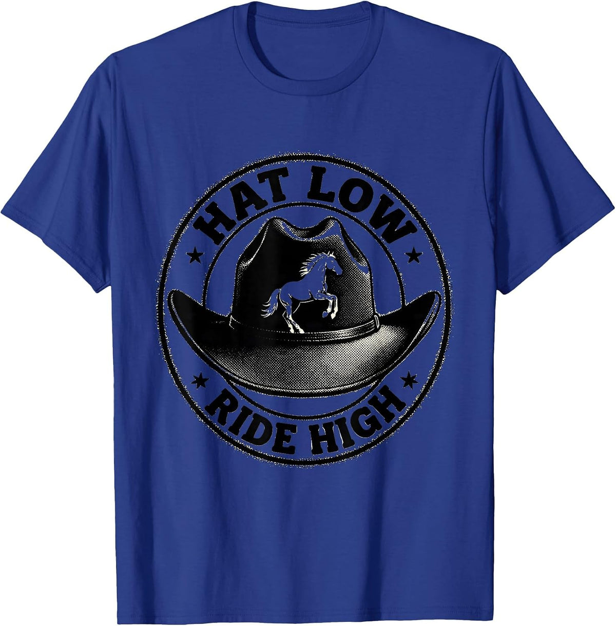 Men's Hat Low Ride High Cowboy Western Design T-Shirt - Royal Blue