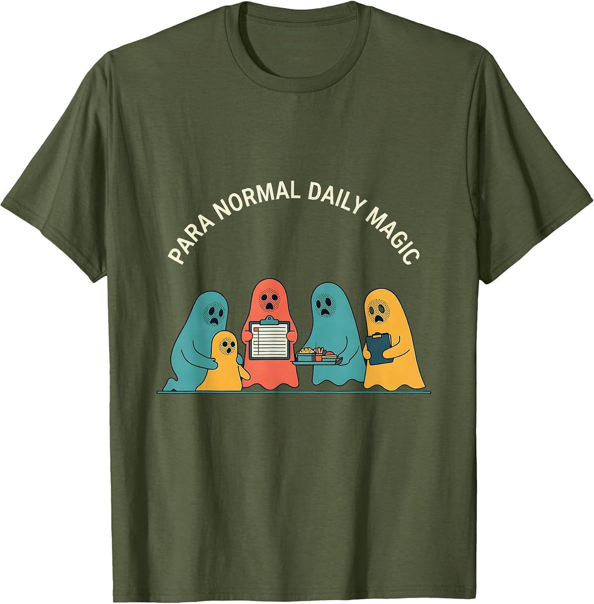 Para Normal Daily Magic Flat Vector Ghost Paraeducator T-Shirt - Olive Green