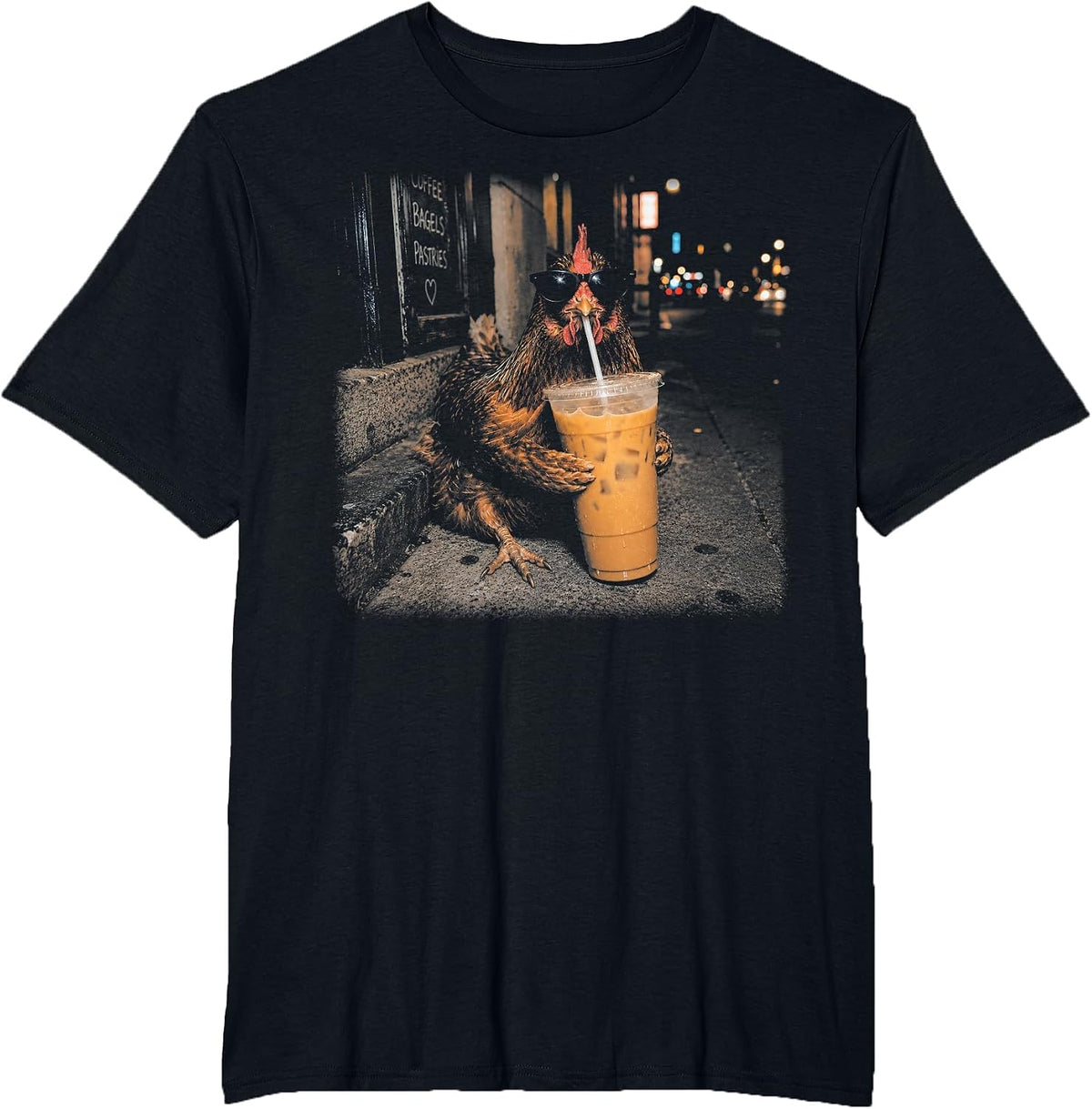 Funny Chicken Drinking Iced Coffee Cool Farm Animal Lover T-Shirt - Black