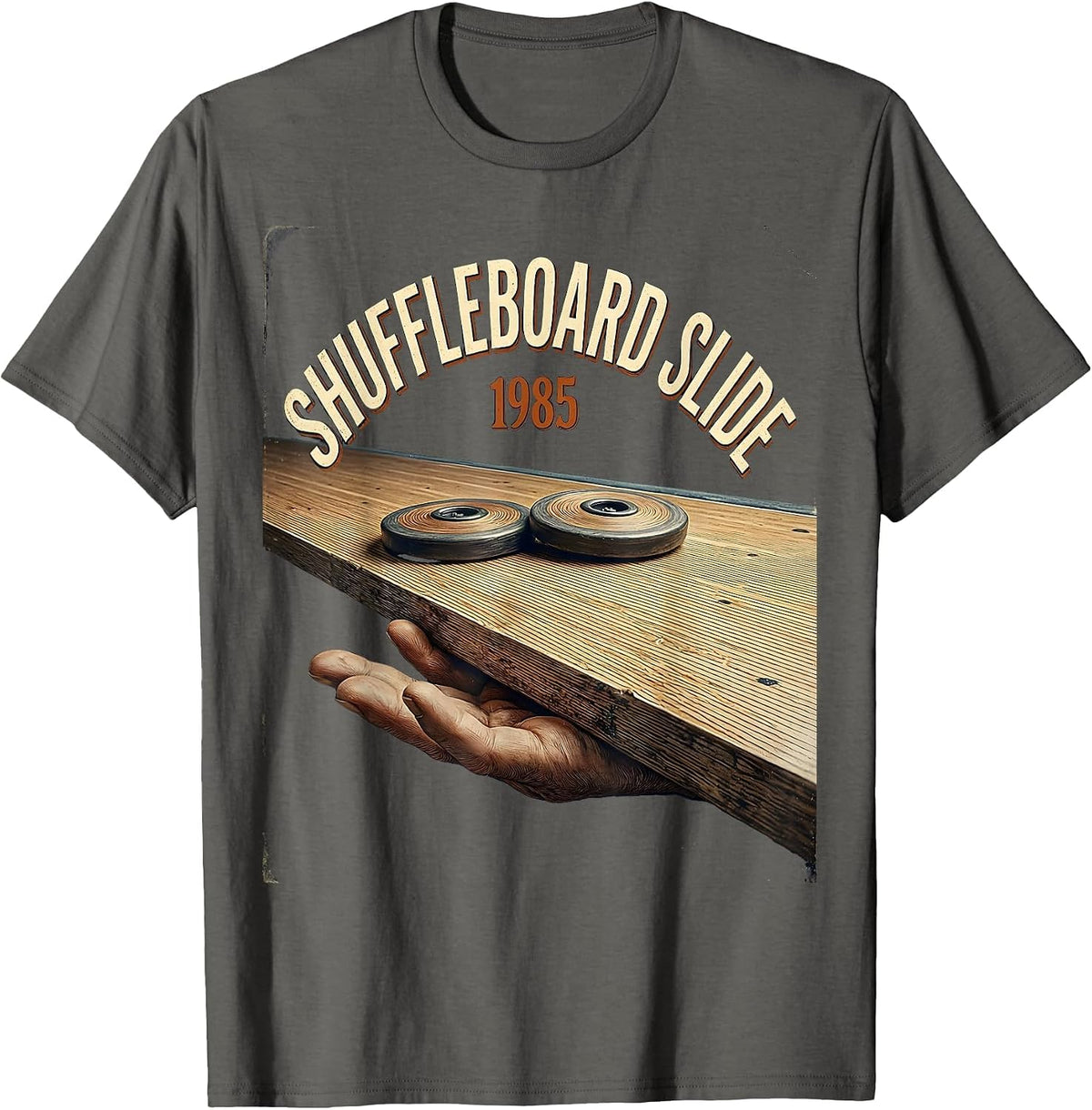Men's Shuffleboard Slide, 1985 Vintage Retro Funny Shuffleboard T-Shirt - Asphalt Grey