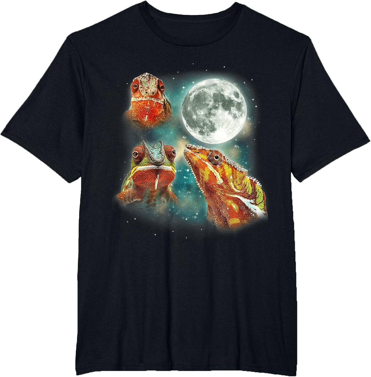 Three Chameleon Moon Forest Reptile Cool Jungle Animal T-Shirt - Black