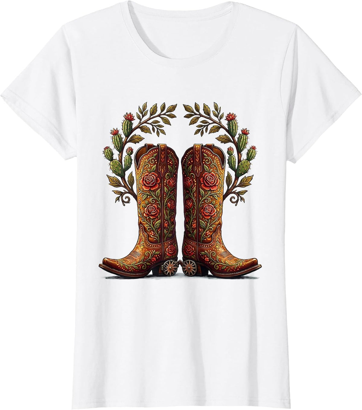 Western Boots Spurs and Desert Roses Graphic T-Shirt - White