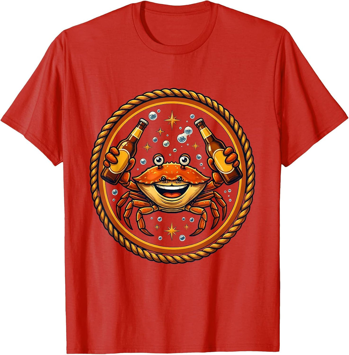 Men's Happy Hour Crab Holding a Cold Beer Illustration T-Shirt - Red