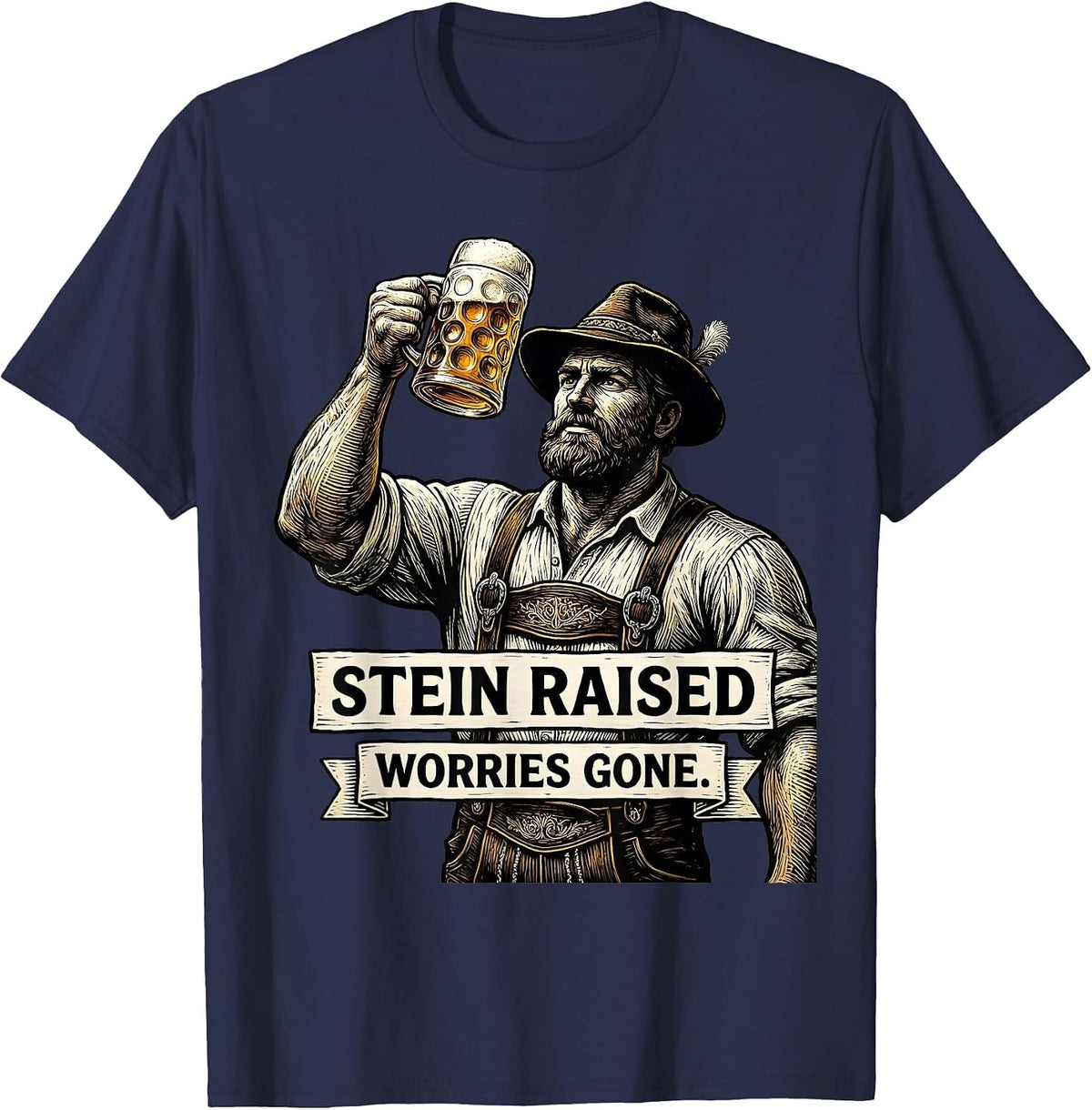 Stein Raised Worries Gone Oktoberfest Design T-Shirt - Navy Blue