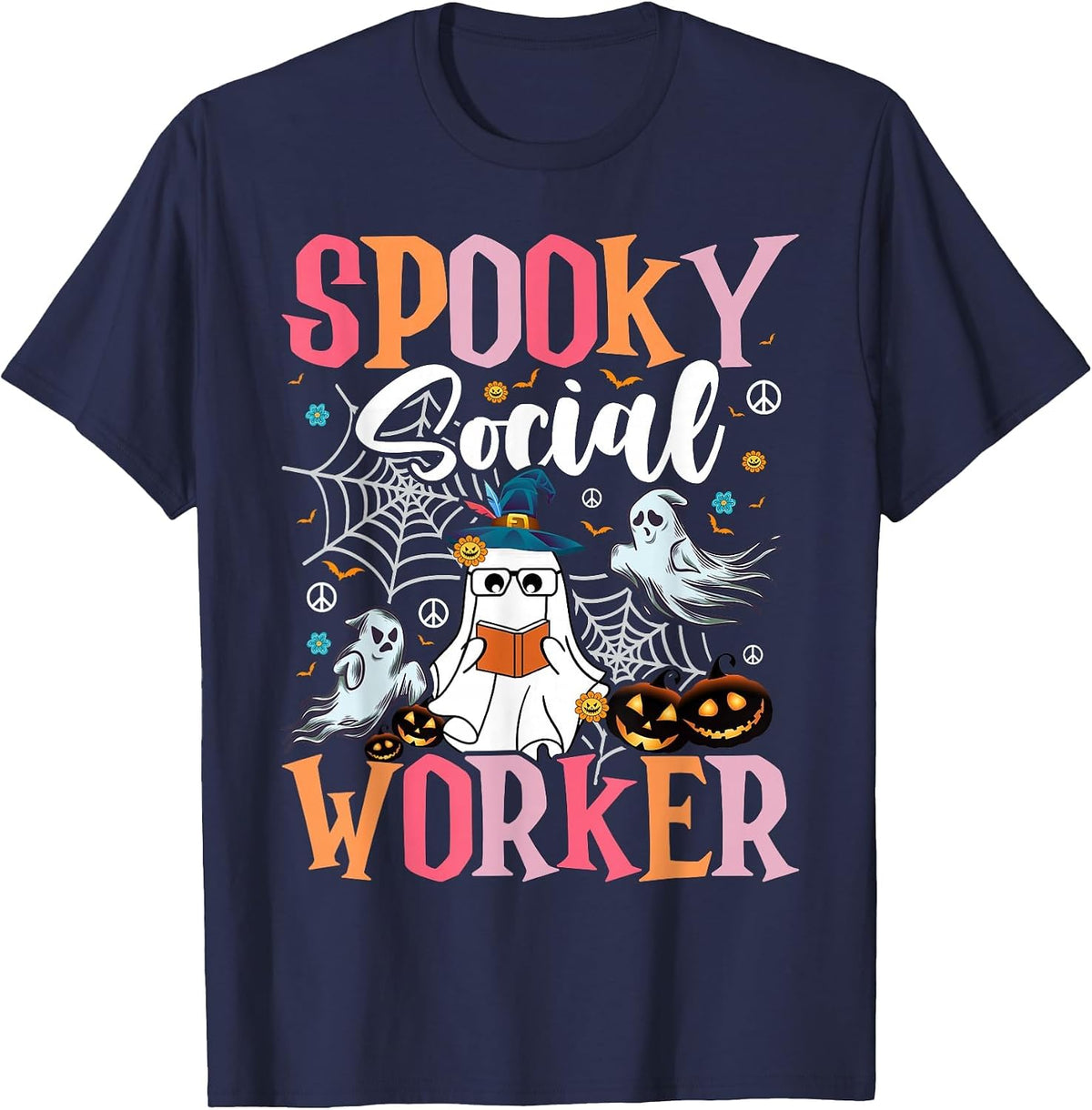 Groovy Retro Ghost Spooky Social Worker Halloween Costume T-Shirt - Navy Blue