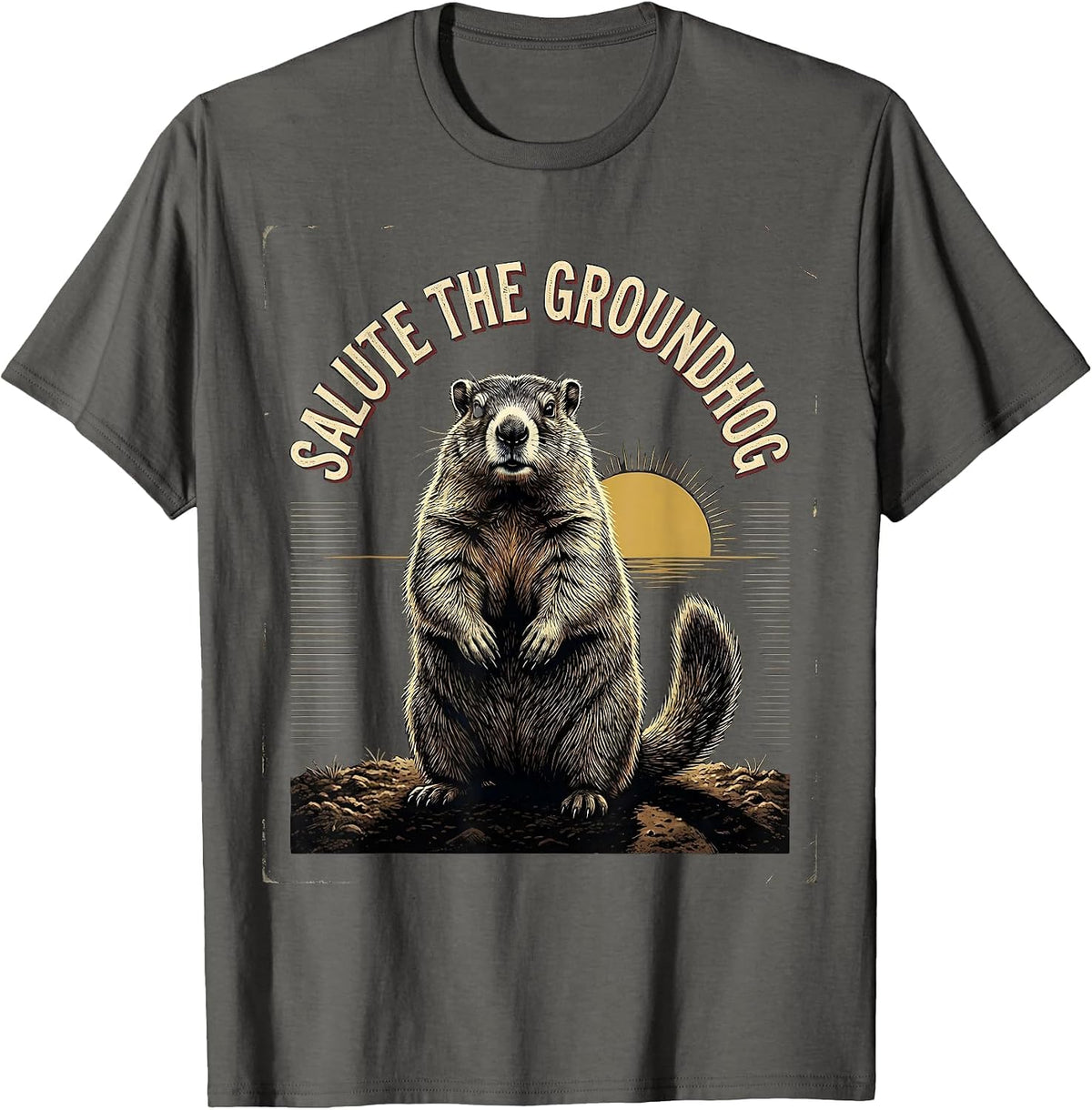 Salute The Groundhog Funny Groundhog Day Vintage Badge Humor T-Shirt - Asphalt Grey