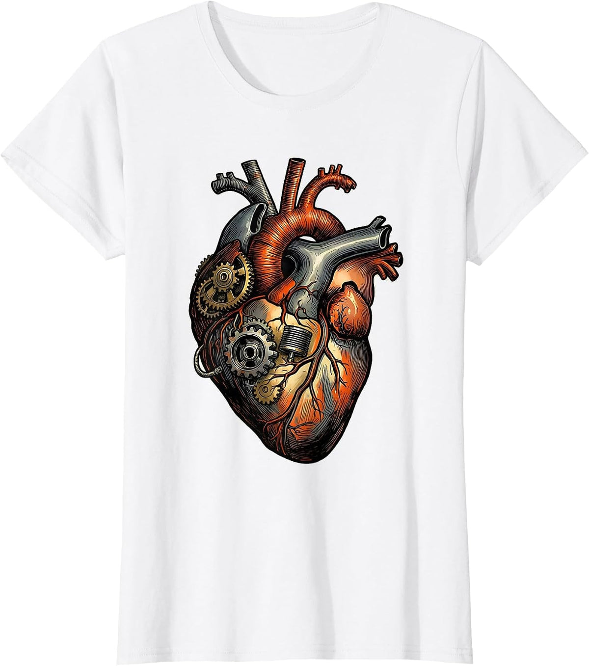 Women's Mechanical Heart Gears and Pistons Motorcycle Design T-Shirt - White